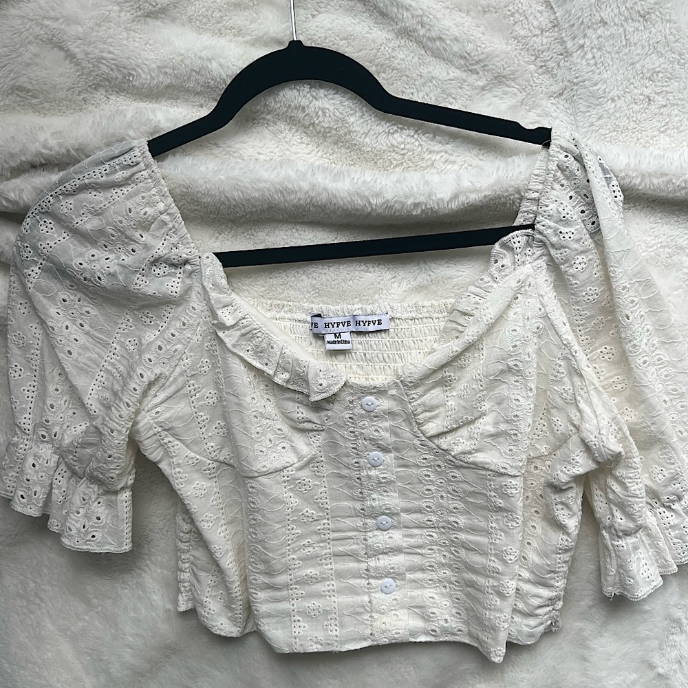 White cropped lace floral blouse